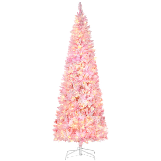 7.5 Foot Prelit Snow Flocked Artificial Christmas Tree with Pencil Shape, 700 Pine Realistic Branches, Warm White LED lights, Auto Open, Pink and White - Gallery Canada