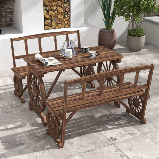 Wooden Patio Table and Chairs for 4 People 3-Piece Carriage Wheels Design for Porch, Backyard, Balcony, Carbonized - Gallery Canada
