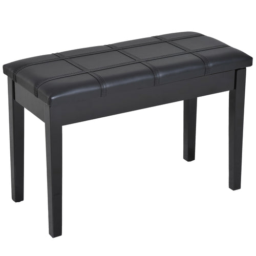 Duet Piano Storage Bench Two Person Professional Padded Keyboard Seat Birchwood with Traditional PU Leather Lift Top Black
