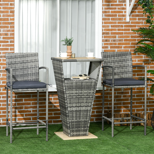 3 Pieces Patio Bar Set, Wicker Bistro Set, PE Rattan Bar Table and Chairs with Soft Padded Cushions, Storage Shelf, Wood Grain Plastic Top, Mixed Gray