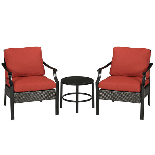 3 Pieces Patio Wicker Bistro Set, Outdoor PE Rattan Balcony Furniture with Soft Padded Cushions &; Iron Plate Top Table for Garden, Backyard, Red at Gallery Canada