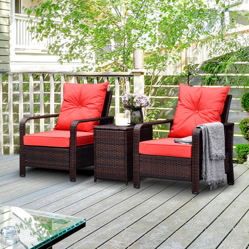 3 Pieces Patio Bistro Set, PE Rattan Garden Sofa Set with 2 Padded Chairs 1 Storage Table, Red