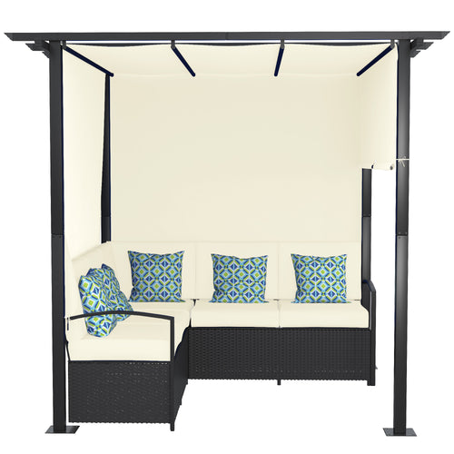 Outdoor Rattan Wicker Patio Furniture Sofa Set with Retractable Canopy Pergola for Deck, Pool, Garden, Beige