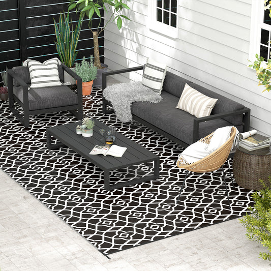 Reversible Outdoor Rug, Waterproof Plastic Straw RV Rug with Carry Bag, 9' x 18', Black and White Clover - Gallery Canada
