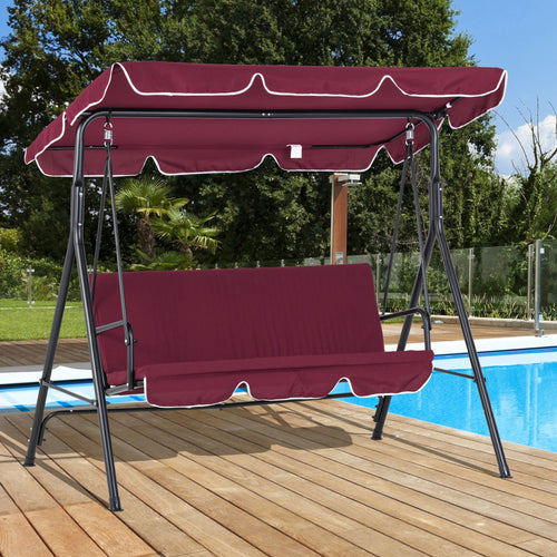 3-Seat Patio Swing Chair, Outdoor Porch Swing Glider with Adjustable Canopy, Removable Cushion, and Weather Resistant Steel Frame, for Garden, Poolside, Backyard, Wine Red