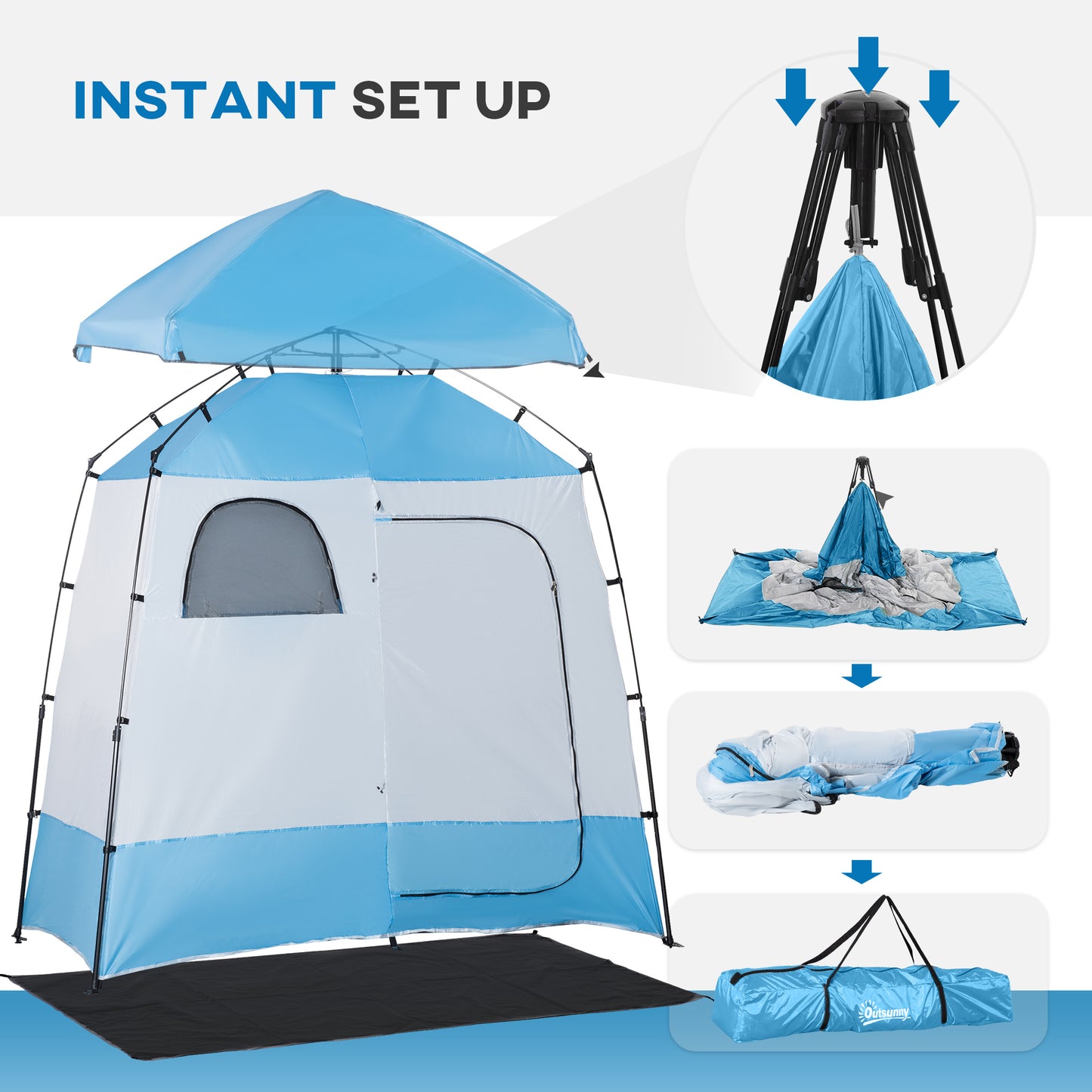 Pop Up Shower Tent, Portable Privacy Shelter for 2 Persons, Changing Room with 2 Windows, 3 Doors, Carrying Bag, Grey and Blue at Gallery Canada