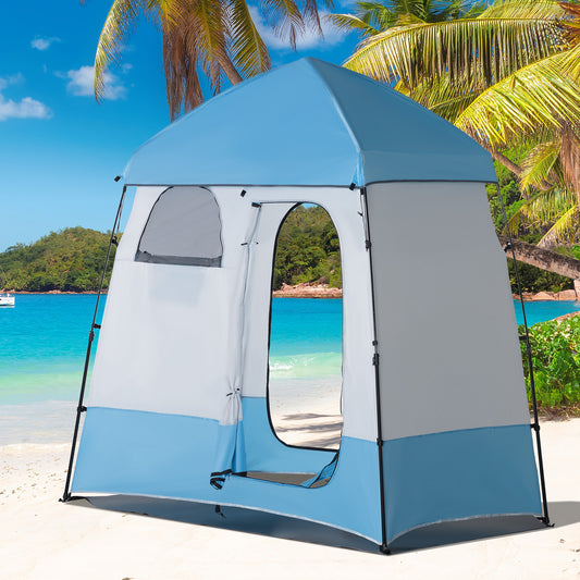 Pop Up Shower Tent, Portable Privacy Shelter for 2 Persons, Changing Room with 2 Windows, 3 Doors, Carrying Bag, Grey and Blue - Gallery Canada