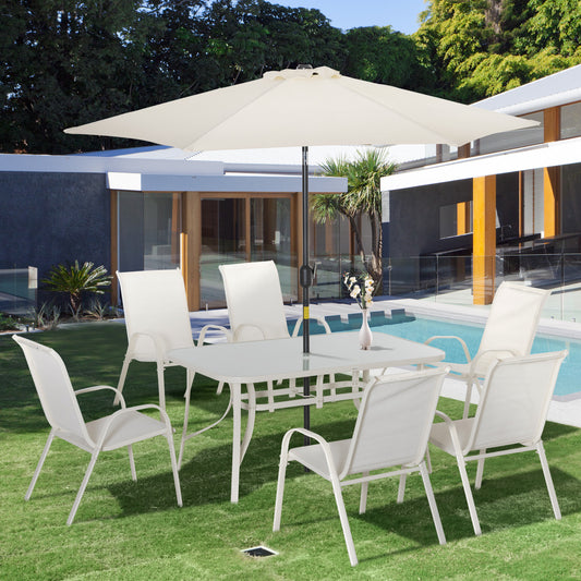8 Pieces Patio Dining Set with Umbrella, Aluminum Frame Outdoor Patio Furniture Set with 6 Sling Chairs and Glass Top Rectangle Dining Table, Cream White - Gallery Canada