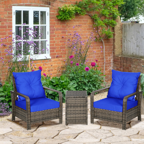 3 Pieces Patio Bistro Set with 2 Padded Chairs and 1 Storage Side Table, PE Rattan Garden Sofa Set with Removable Cushion Cover, Blue
