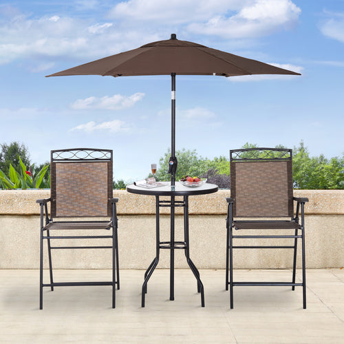 4 Piece Patio Bar Set, Sling Folding Outdoor Furniture with Umbrella for Poolside, Backyard and Garden, Brown