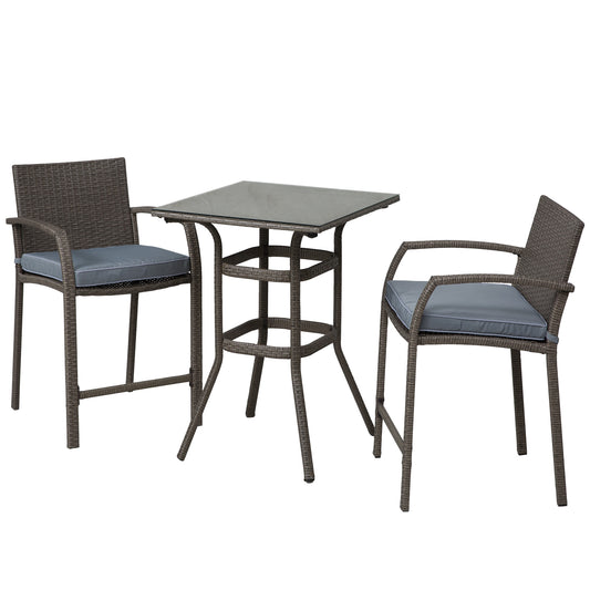 3 Pieces Patio Bar Set Wicker Garden Bistro Set Outdoor Furniture PE Rattan Table and Stools with Seat Cushion, Grey at Gallery Canada