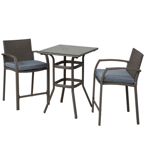3 Pieces Patio Bar Set Wicker Garden Bistro Set Outdoor Furniture PE Rattan Table and Stools with Seat Cushion, Grey