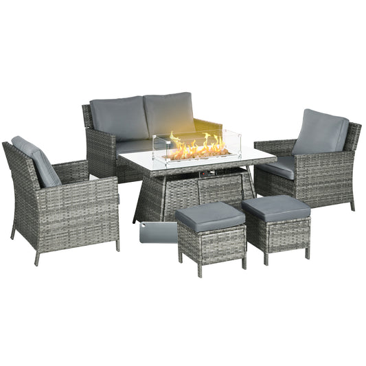 6 Piece Patio Furniture Set with 50,000 BTU Gas Fire Pit Table, Outdoor PE Rattan Dining Table and Chair Set, Sectional Conversation Sofa Set with Cushions, Grey at Gallery Canada