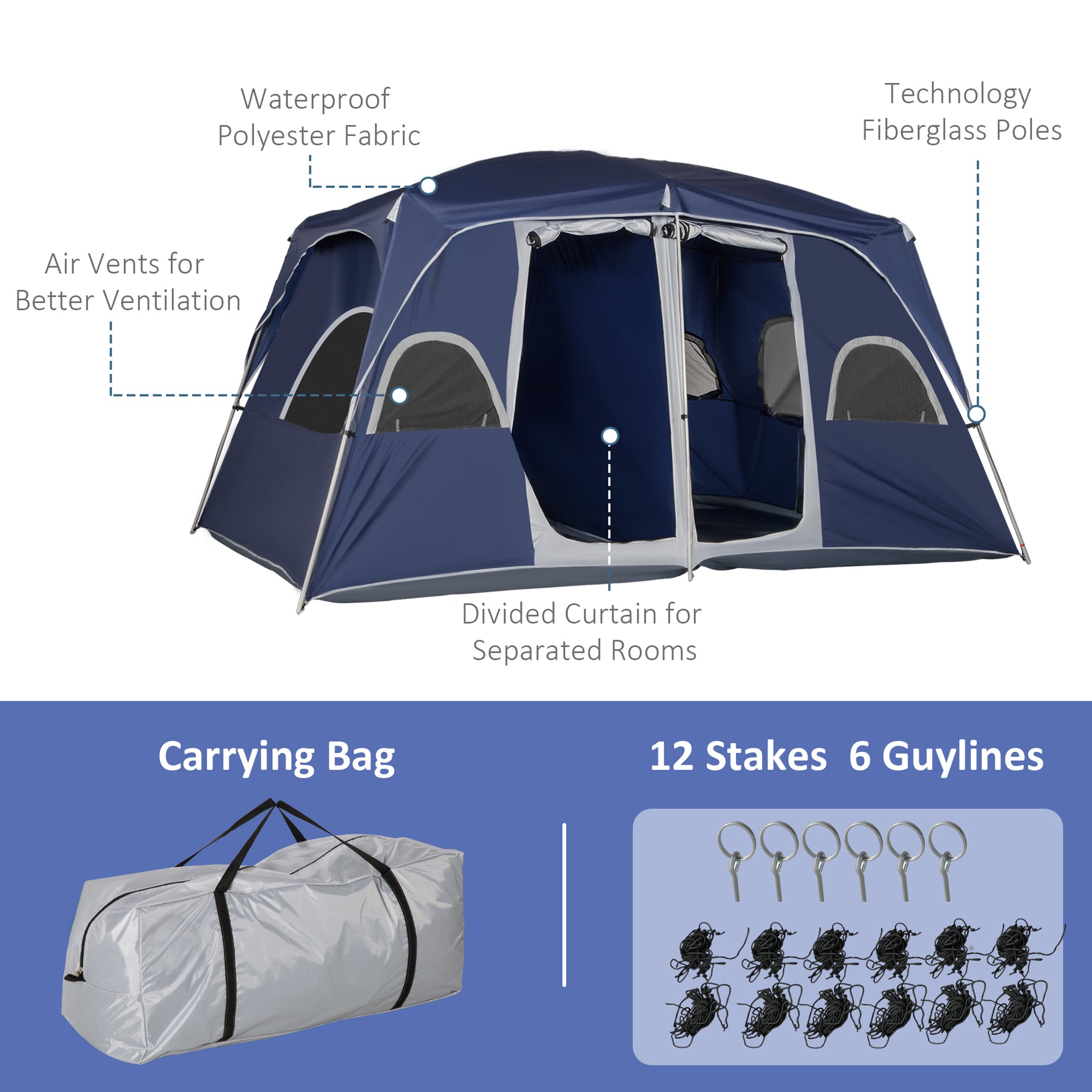 Camping Tent, Family Tent 4-8 Person 2 Room, with Large Mesh Windows, Easy Set Up for Backpacking Hiking Outdoor 13' x 9' x 7', Blue at Gallery Canada
