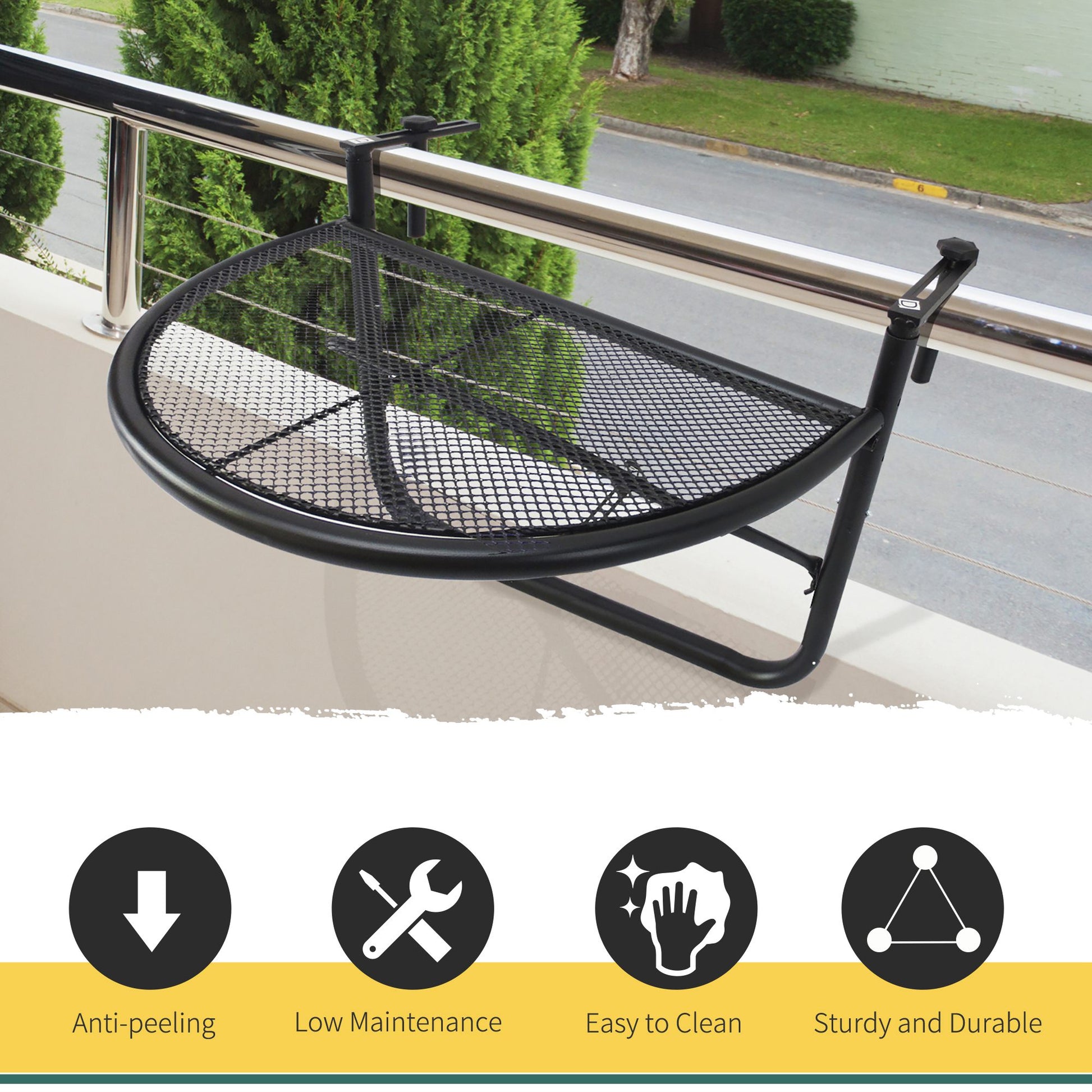 Adjustable Balcony Hanging Rail Table Metal Mounting Mini Wall Desk Storage Rack Outdoor Flower Stand, Black - Gallery Canada