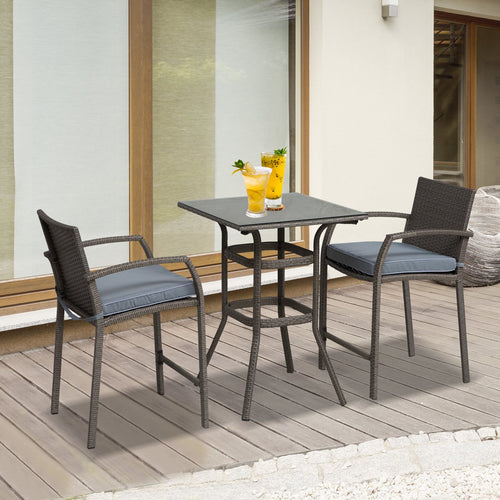 3 Pieces Patio Bar Set Wicker Garden Bistro Set Outdoor Furniture PE Rattan Table and Stools with Seat Cushion, Grey