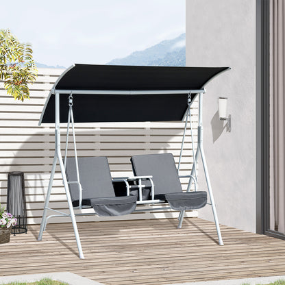 Double Outdoor Swing Chair 2 Person Covered Swing Porch Swing w/ Pivot Table and Storage Console, Black - Gallery Canada