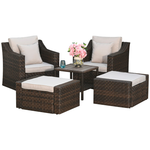 5-Piece Patio Furniture Set Outdoor Rattan Wicker Conversation Set with 2 Cushioned Chairs, 2 Ottomans and Coffee Table, Replacement Cushion Cover Included, Beige