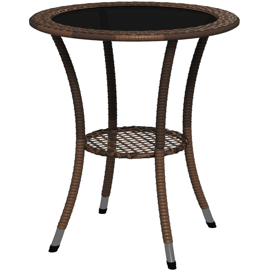 Φ25.2" Outdoor Wicker Dining Table, Rattan Patio Round Coffee Table with 2-Tier Storage Shelf, Metal Frame Side Table with Tempered Glass Top, Brown - Gallery Canada