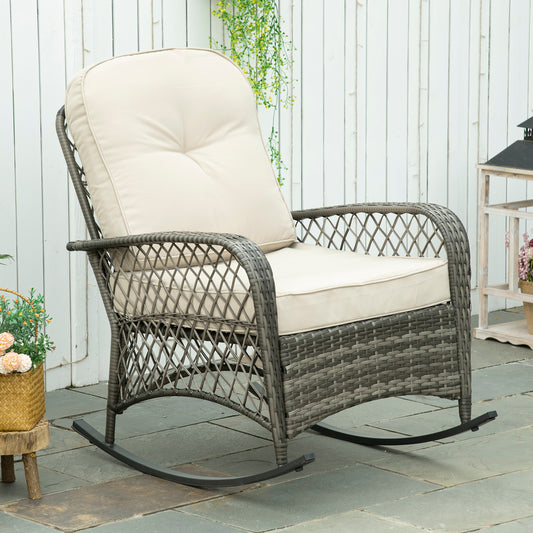 Rattan Rocking Chair, Outdoor Wicker Patio Rocker Chair Furniture with Thick Cushions, for Garden Backyard Porch, Khaki - Gallery Canada