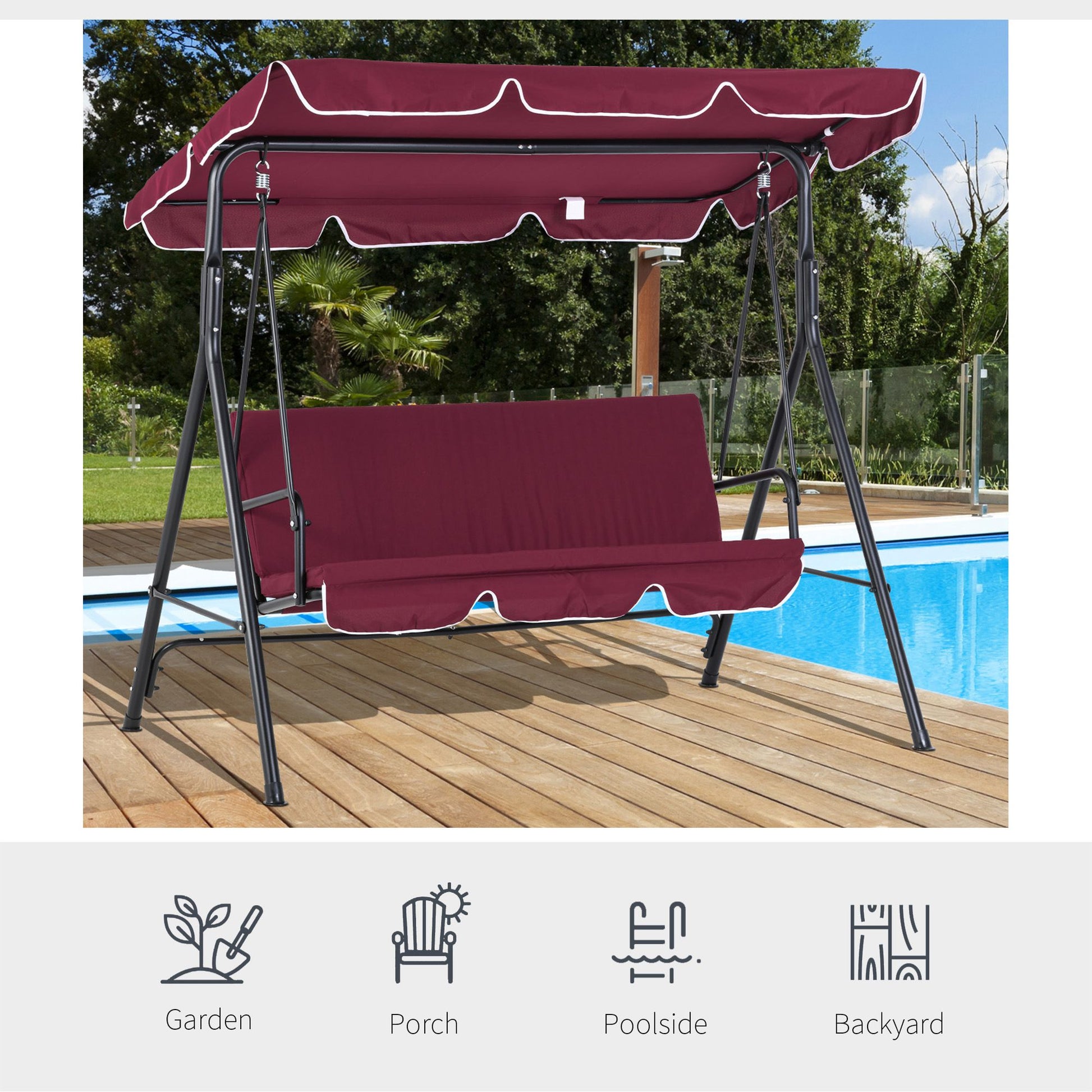 3-Seat Patio Swing Chair, Outdoor Porch Swing Glider with Adjustable Canopy, Removable Cushion, and Weather Resistant Steel Frame, for Garden, Poolside, Backyard, Wine Red - Gallery Canada