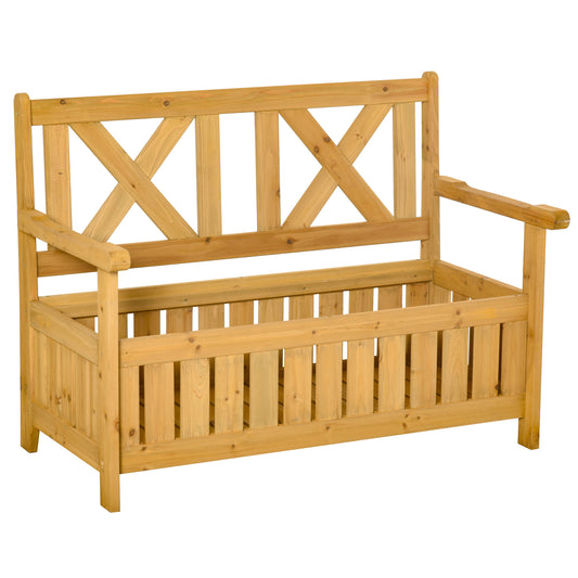 Wooden Outdoor Storage Bench 2-Person Patio Bench with Louvered Side Panels and X-Shape Back for Garden, Patio, Yellow - Gallery Canada