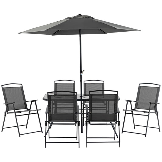8 Piece Patio Dining Set for 6 with Umbrella, Outdoor Table and Chairs with 6 Folding Chairs with Mesh Seat and Rectangle Dining Table with Umbrella Hole, Black - Gallery Canada