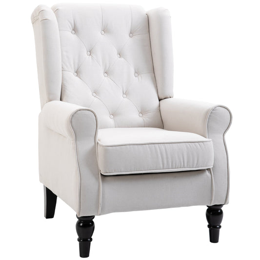 Fabric Accent Chair, Button Tufted Armchair, Modern Living Room Chair, Wingback Chair with Wood Legs, Rolled Arms, Thick Padding for Bedroom, White at Gallery Canada