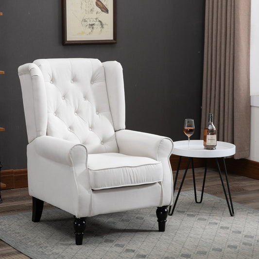 Fabric Accent Chair, Button Tufted Armchair, Modern Living Room Chair, Wingback Chair with Wood Legs, Rolled Arms, Thick Padding for Bedroom, White - Gallery Canada