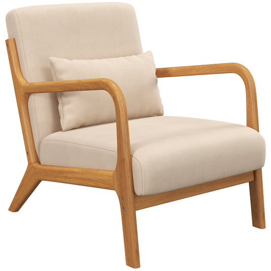 Fabric Lounge Chair, Velvet Armchair, Retro Accent Chair with Wood Legs and Thick Padding for Bedroom, Beige - Gallery Canada