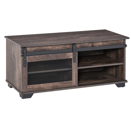 Farmhouse Coffee Table with Sliding Mesh Barn Door, Industrial Center Table with Adjustable Shelf for Living Room, Dark Brown at Gallery Canada