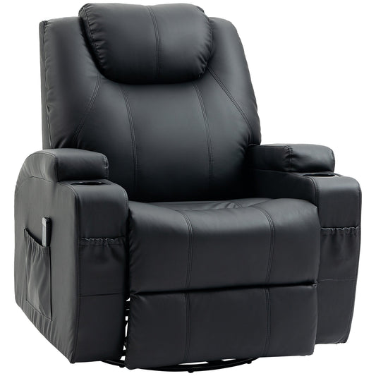 Faux Leather Recliner Chair with Massage, Vibration, Muti-function Padded Sofa Chair with Remote Control, 360 Degree Swivel Seat with Dual Cup Holders, Black - Gallery Canada