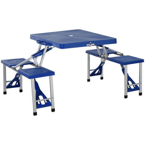Fold Up Picnic Table Portable Camping Table Foldable Travel Patio, Lawn Garden Table, with 4 Seats Chairs, Umbrella Hole, Aluminum Frame, Blue