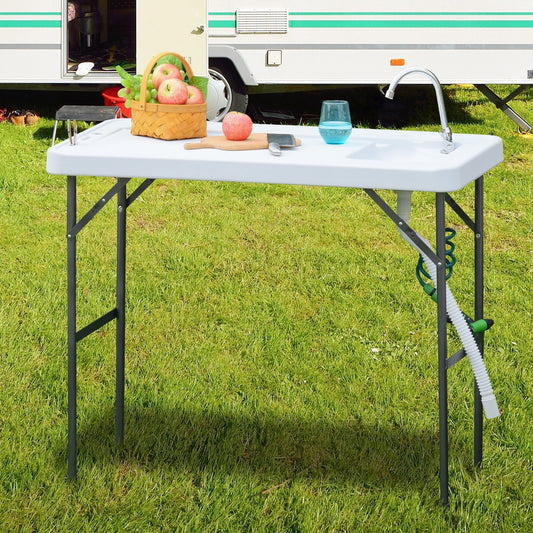 Folding Table Fish Table Cleaning Wash Table with Sink, Faucet and Spray Cleaner for BBQ Camping Picnic Garden 45"x23"x37" White - Gallery Canada