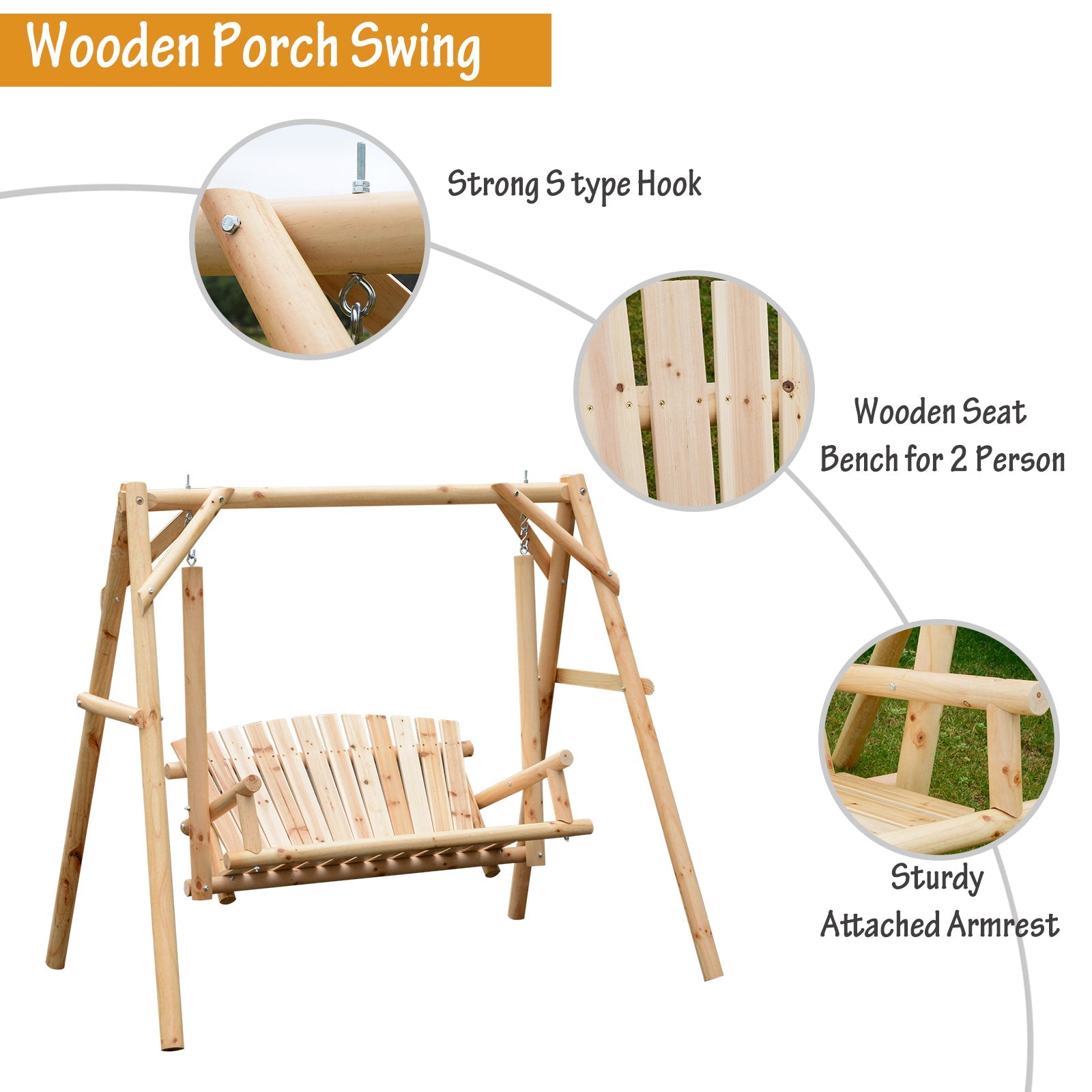 Freestanding 6.5' Wooden Loveseat Traditional Farmhouse Style Log Swing Natural Wood - Gallery Canada