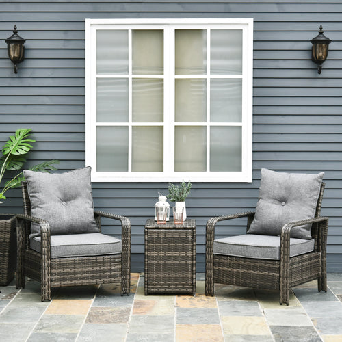 3 Pieces Patio Bistro Set, PE Rattan Garden Sofa Set with 2 Padded Chairs 1 Storage Table, Grey