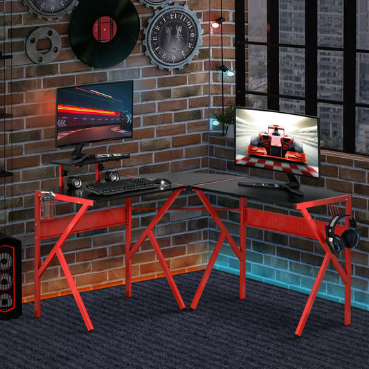 Gaming Desk, L-Shaped Corner Computer Table for Home Office, Workstations with Adjustable Monitor Stand Cup Holder Headphone Hook 49.25" x 49.25" x 29.5" Red - Gallery Canada
