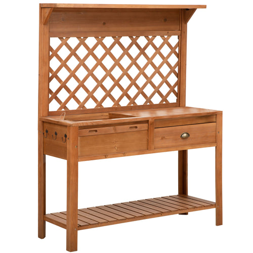 Garden Potting Bench, Outdoor Wooden Workstation Table w/ Metal Screen, Drawer, Hooks, Storage Shelf, and Lattice Back for Patio, Backyard and Porch