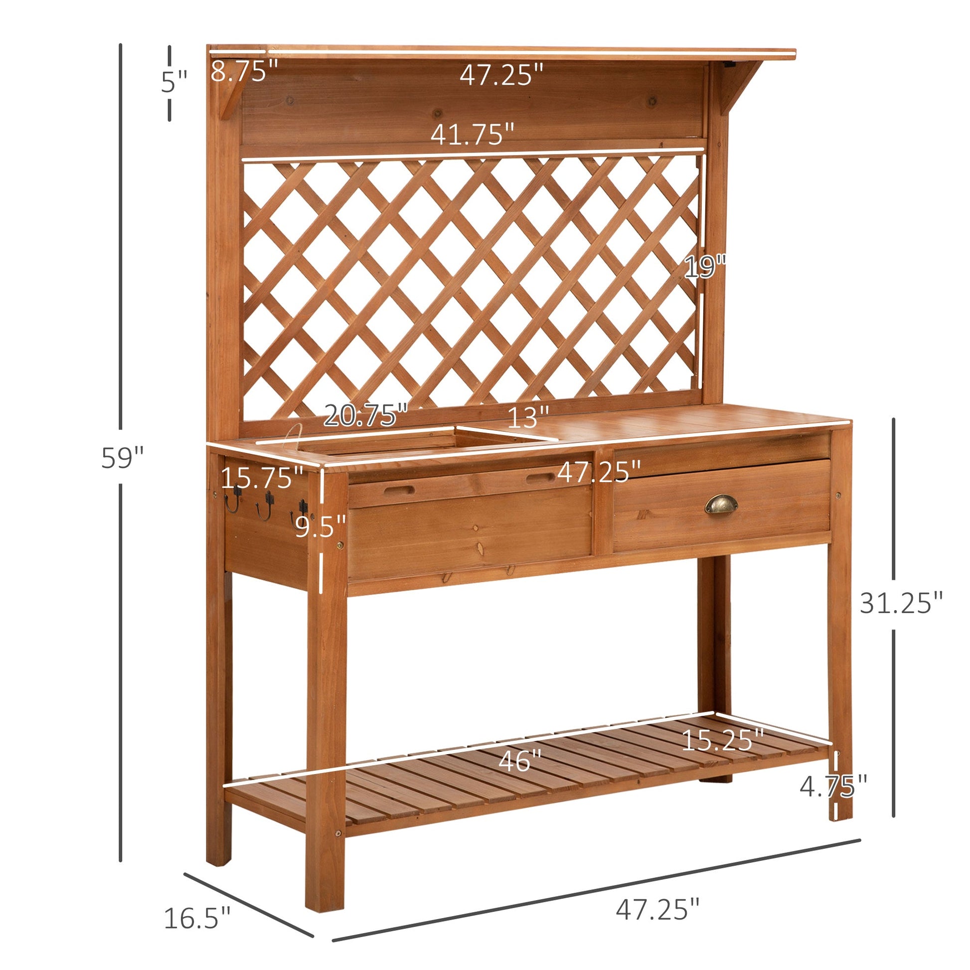 Garden Potting Bench, Outdoor Wooden Workstation Table w/ Metal Screen, Drawer, Hooks, Storage Shelf, and Lattice Back for Patio, Backyard and Porch - Gallery Canada