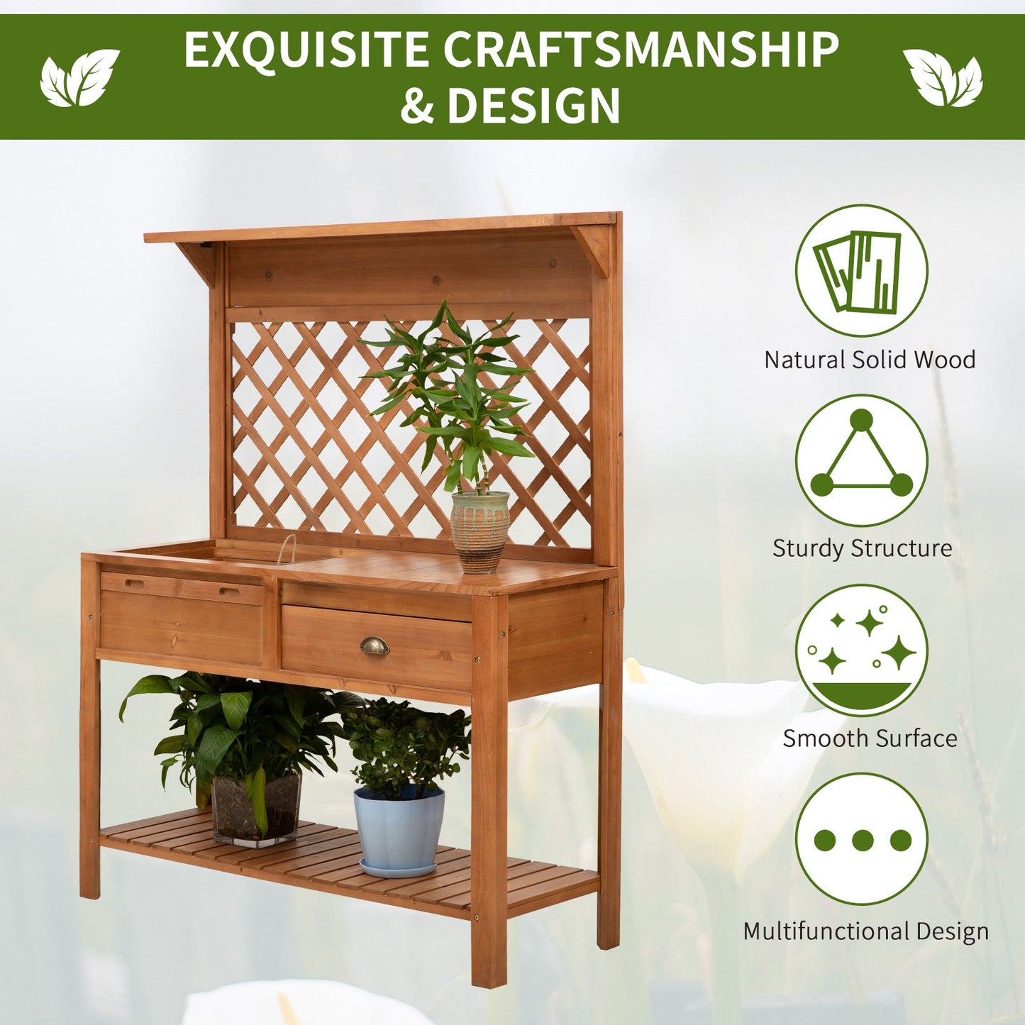Garden Potting Bench, Outdoor Wooden Workstation Table w/ Metal Screen, Drawer, Hooks, Storage Shelf, and Lattice Back for Patio, Backyard and Porch - Gallery Canada