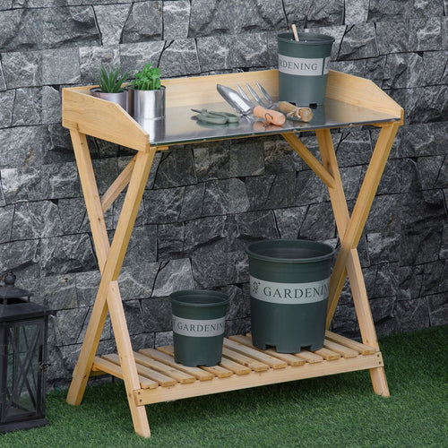 Garden Potting Bench Table, Wooden Work Station, Outdoor Planting Workbench w/ Galvanized Metal Tabletop and Storage Shelf