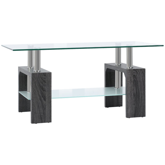 Rectangle Glass Coffee Table, 2-Tier Center Table with Tempered Glass Top and Storage Shelf for Living Room, Grey at Gallery Canada