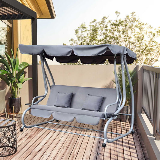 Heavy-Duty 3 Seats Metal Covered Swing Chair Garden Convertible Hammock Cushioned Bed with Frame and Canopy 2 Pillows Included Grey - Gallery Canada