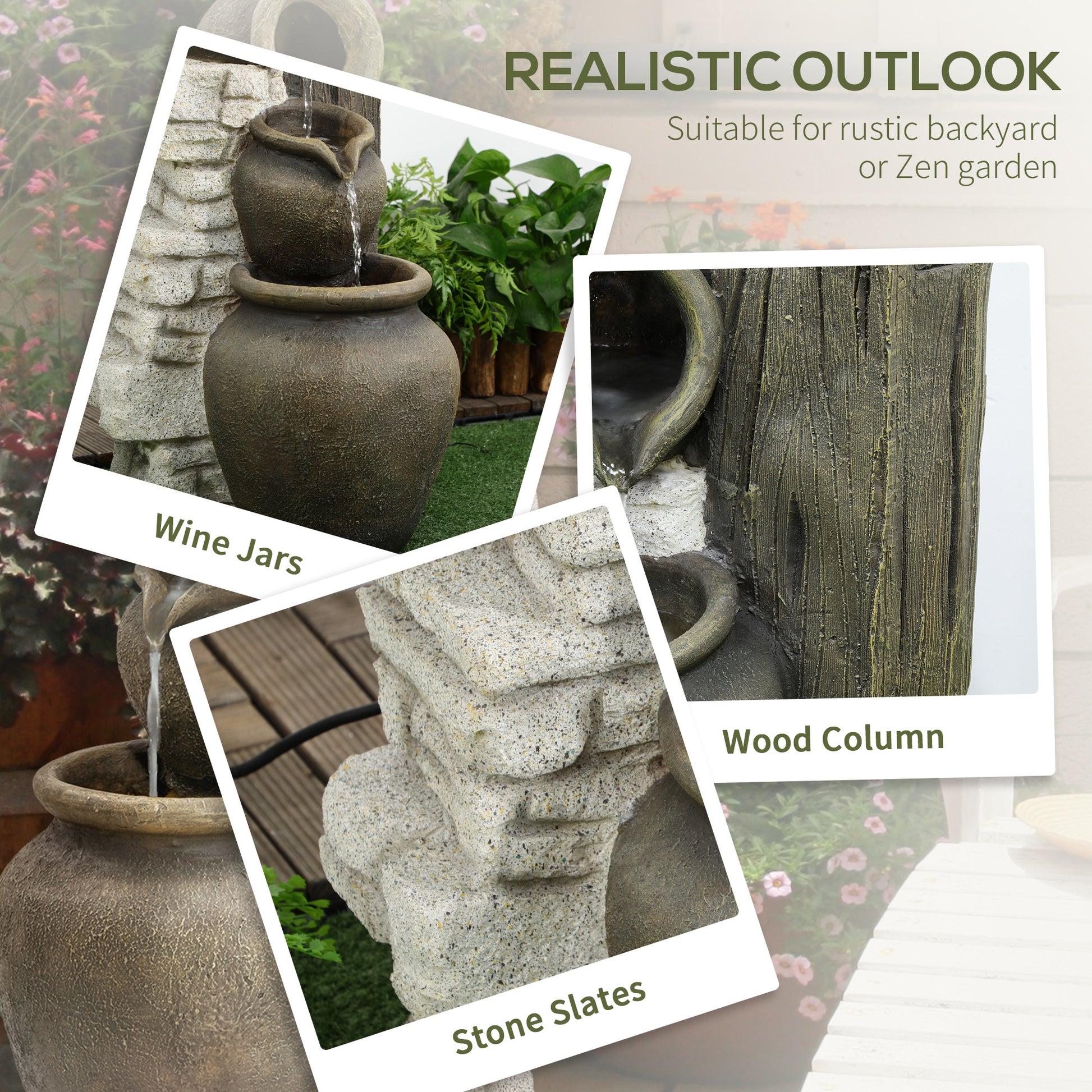 Wine Jars Outdoor Waterfall Fountain with Adjustable Flow, 4-Tier Rustic Resin Cascading Water Fountain, Decorative Backyard Water Feature for Zen Garden, Deck, Porch at Gallery Canada