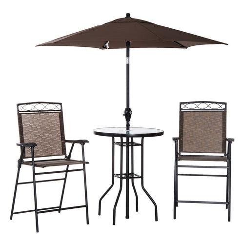 4 Piece Patio Bar Set, Sling Folding Outdoor Furniture with Umbrella for Poolside, Backyard and Garden, Brown