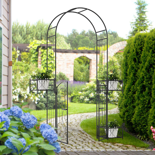 7.1FT Metal Garden Arch with Gate and 4 Planter Boxes, Garden Arbor Trellis for Climbing Plants, Outdoor Wedding, Decoration, Bridal Party, Black