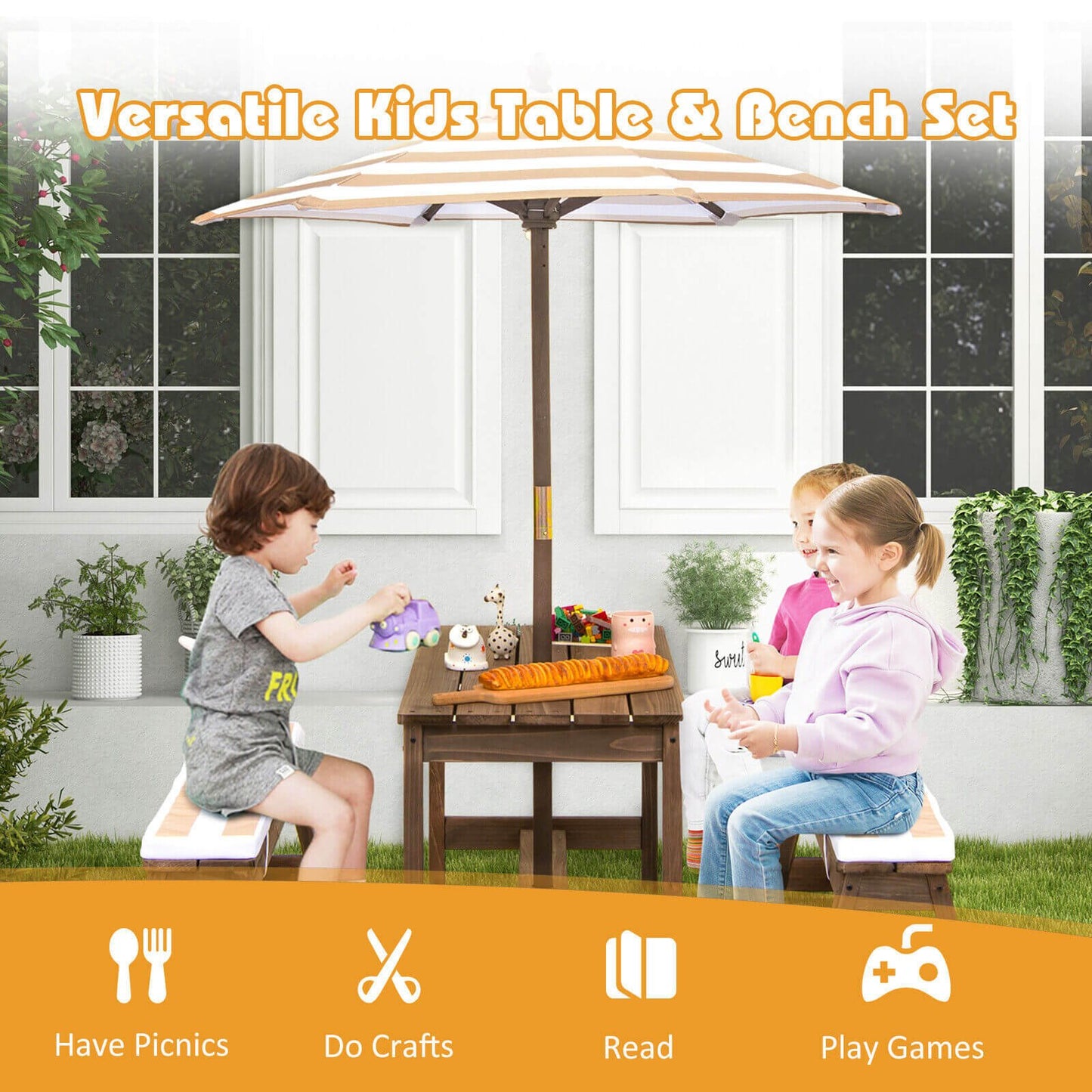 Kids Picnic Table and Chairs with Cushions and Height Adjustable Umbrella at Gallery Canada
