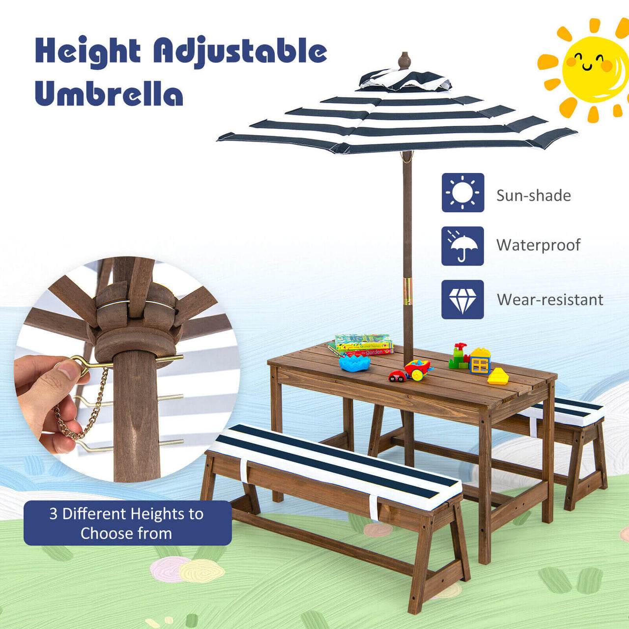 Kids Picnic Table and Chairs with Cushions and Height Adjustable Umbrella