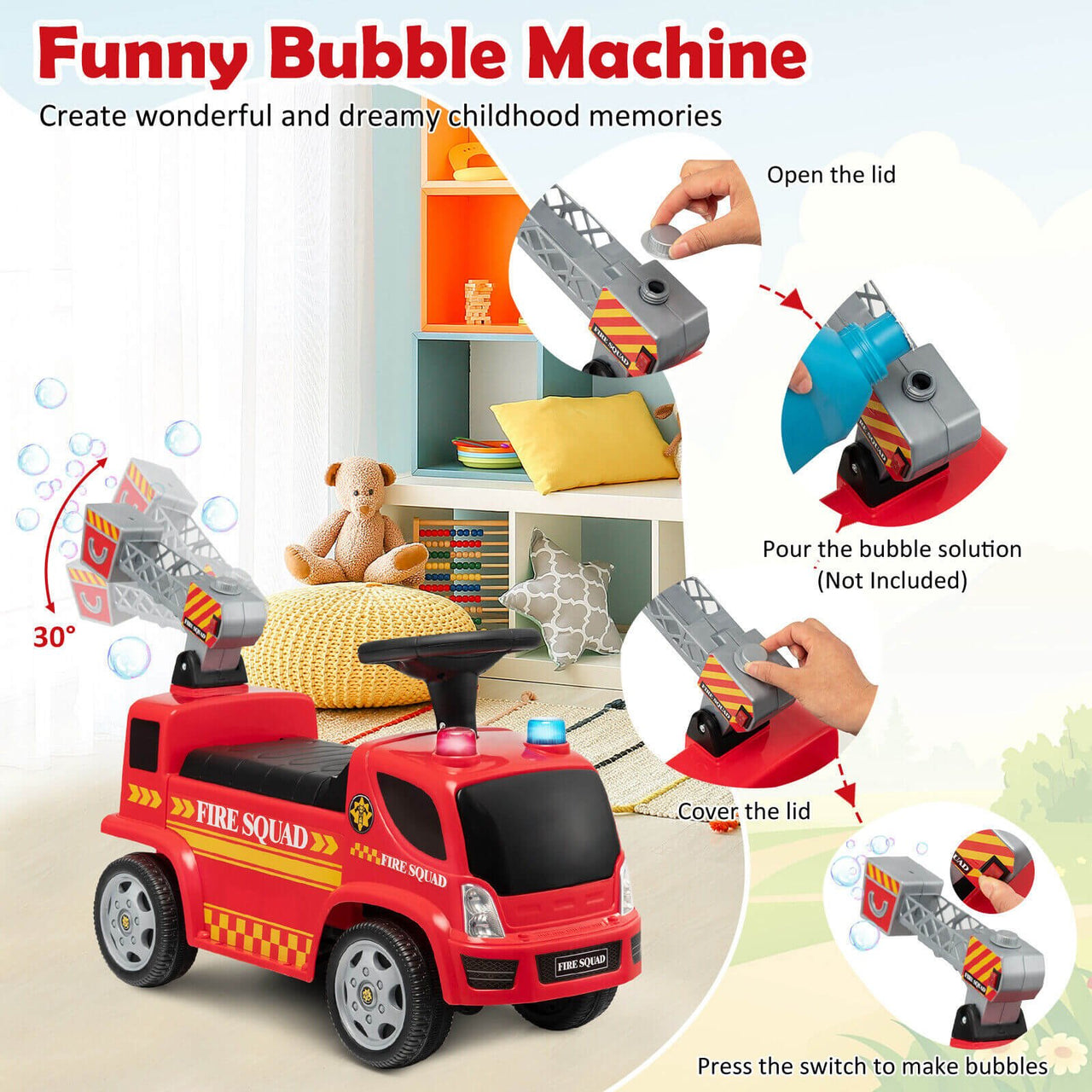 Kids Push Ride On Fire Truck with Ladder Bubble Maker and Headlights