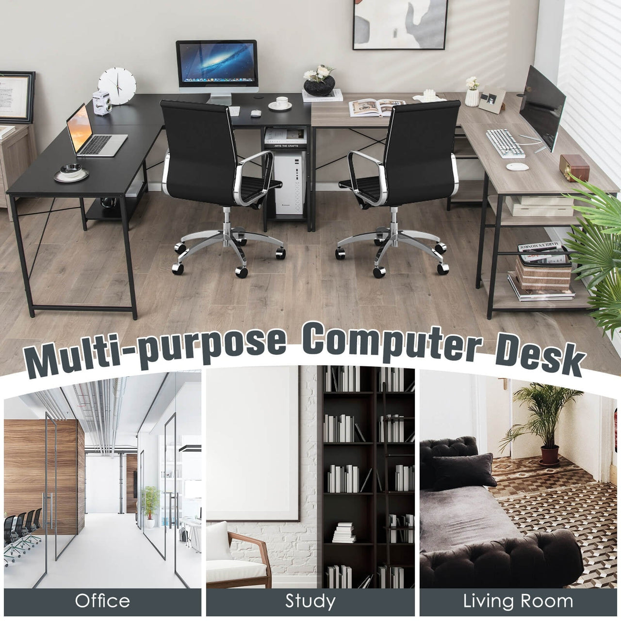 L-Shaped Computer Desk with 4 Storage Shelves and Cable Holes